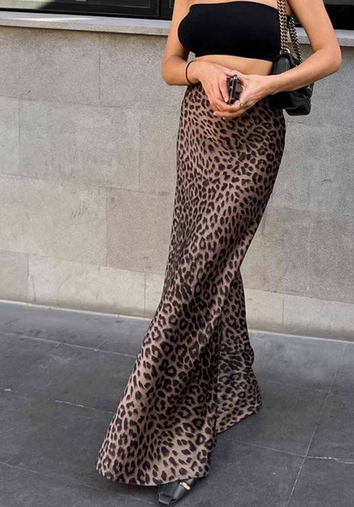 Jupe en satin à imprimé léopard pour femmes