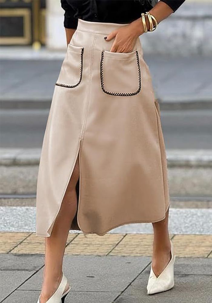 Jupe midi A-Line en suède synthétique pour femmes, taille élastique, poches avant, automne et hiver
