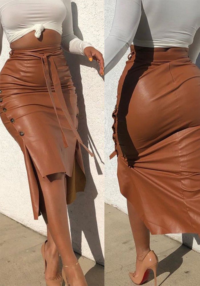 Jupe Midi Slim en Cuir Pu à Fente pour Femmes