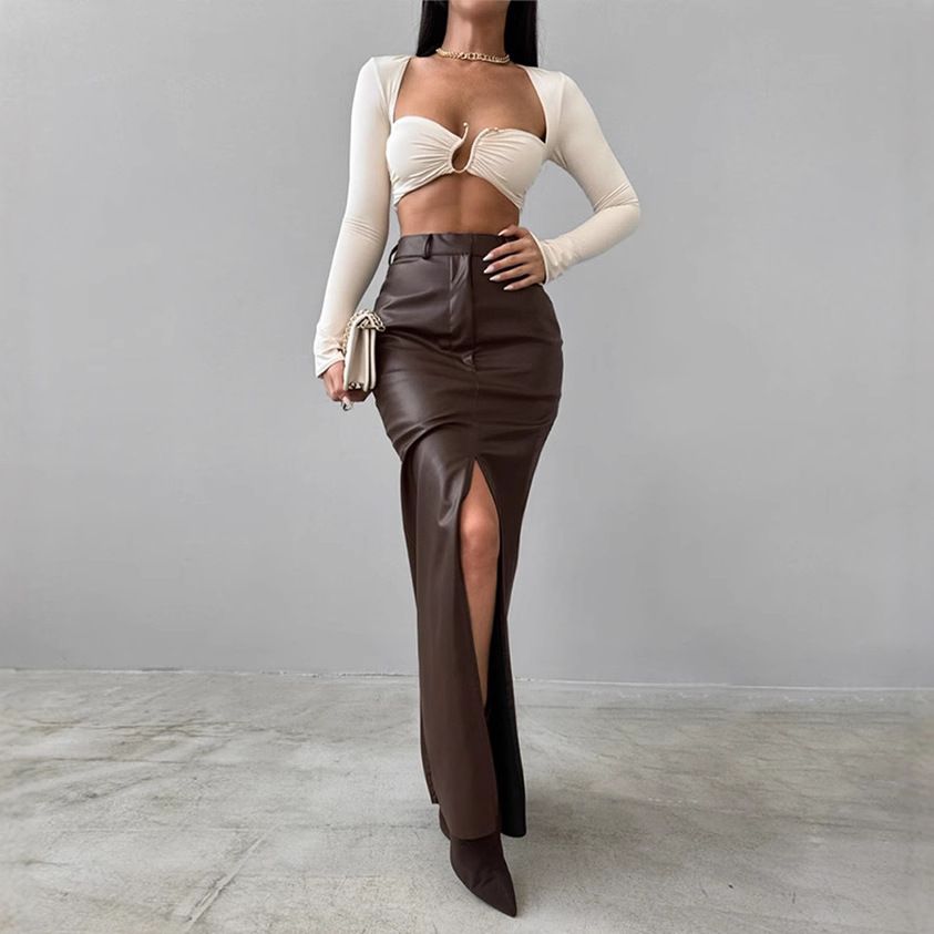 Jupe Femme Fendue en Cuir Synthétique Uni