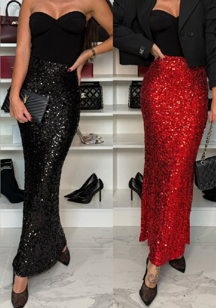 Jupe longue en sequins à taille haute élastique pour nightclub