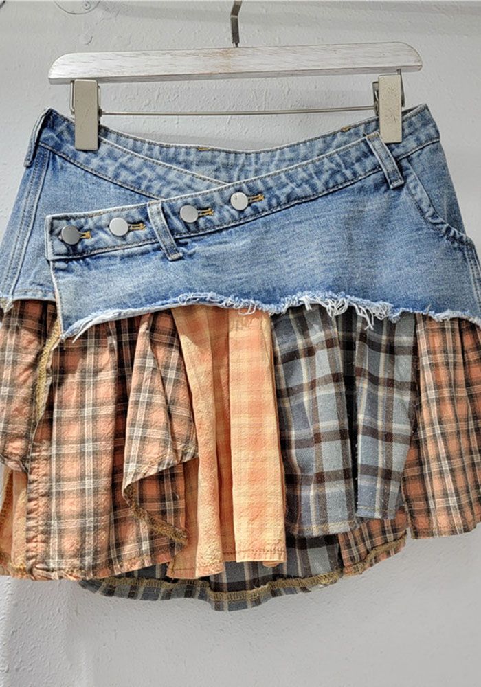 Jupe en Denim Irregulière à Patches en Plaid Américain pour Femmes