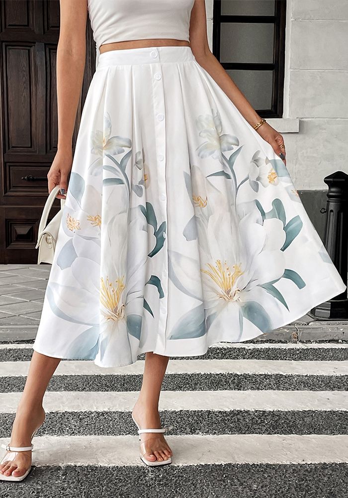 Jupe A-Line à Imprimé Floral Décorée de Boutons pour les Fêtes