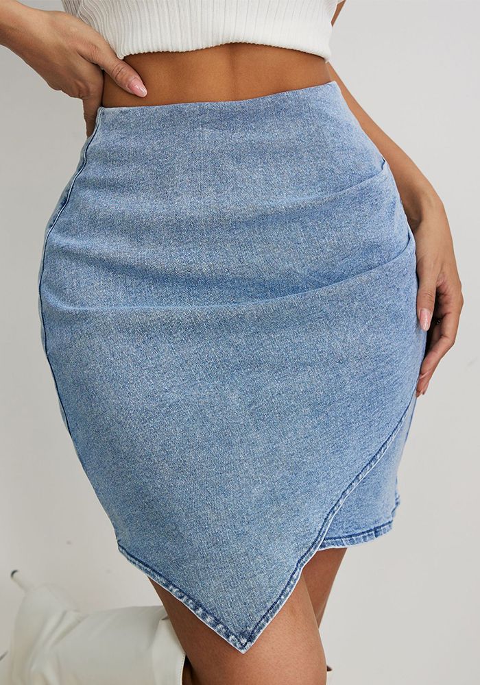 Jupe Bodycon en Denim Irregulier à Taille Haute Plissée pour Femme