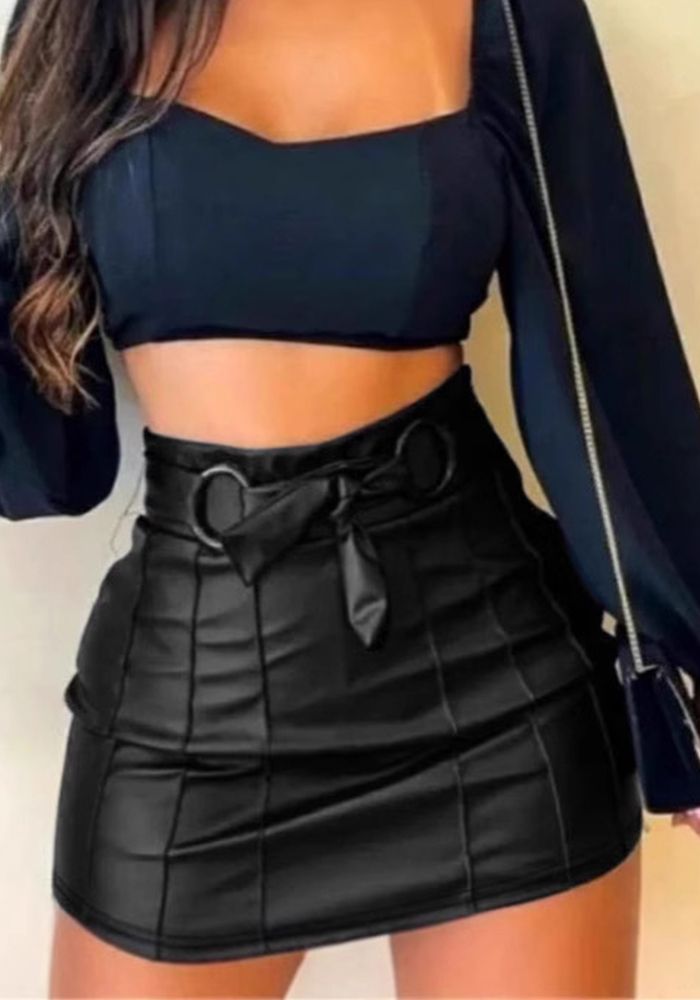Jupe Mini en PU Cuir Taille Haute Bodycon