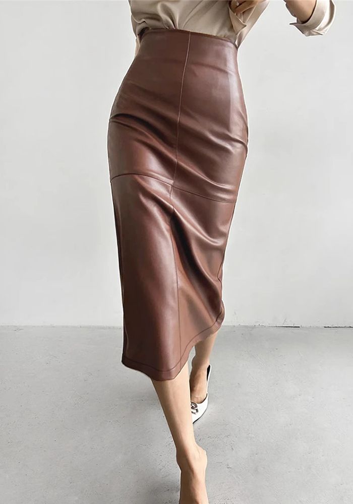 jupe longue en cuir droite à taille haute fendue pour femmes mode printemps automne été