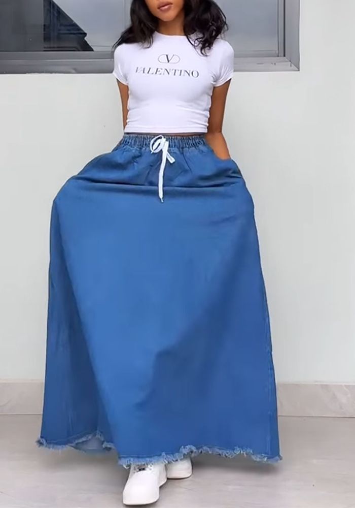 Jupe Longue en Jean à Taille Haute avec Volants et Cordon de Serrage en Couleur Unie pour Femme