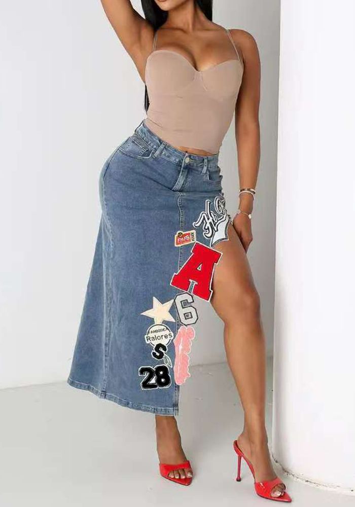 Jupe en Denim Brodée avec Lettres Élastique à Sept Parties