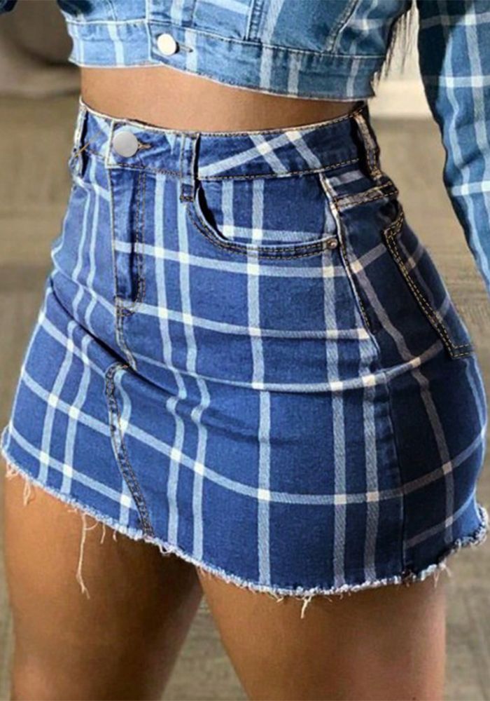 Jupe en Denim Élastique à Carreaux pour Femmes