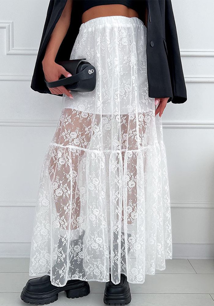 Jupe Longue A-Ligne en Dentelle Transparente Sexy Printemps Été
