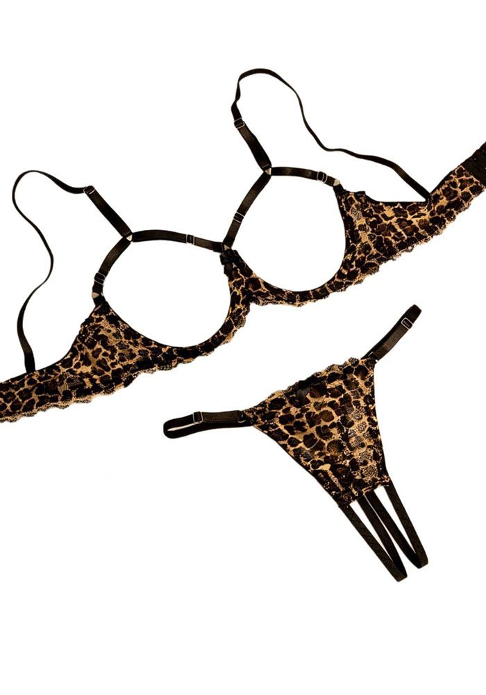 Ensemble de lingerie en dentelle léopard pour femmes avec soutien-gorge et culotte