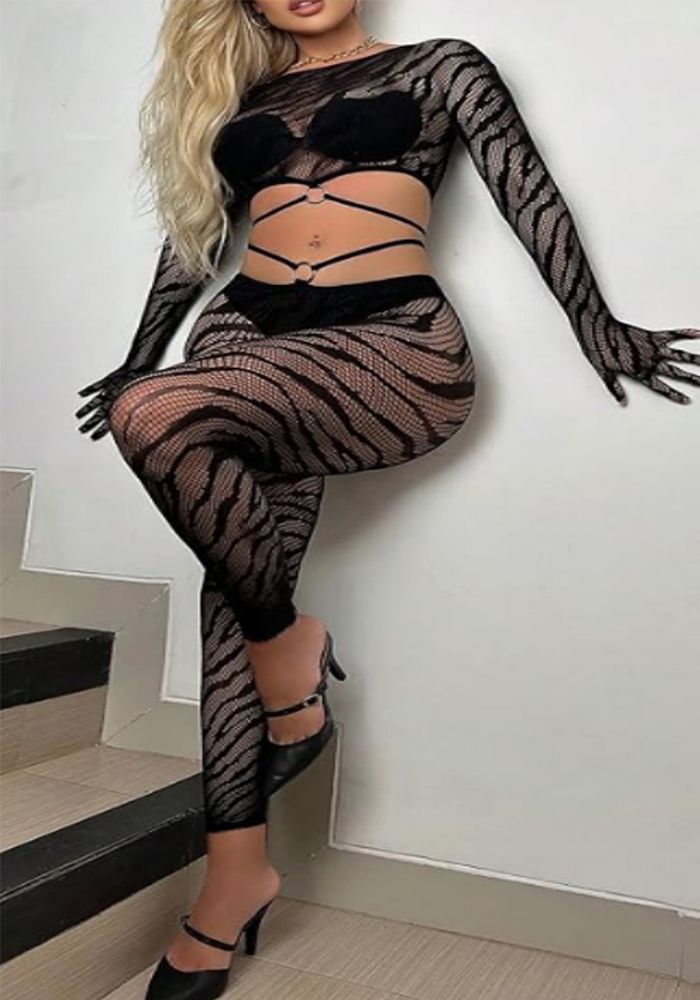 Ensemble Deux Pièces en Maille Imprimé Zèbre à Manches Longues avec Top Court & Pantalons Taille Haute avec Gants