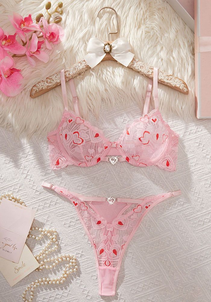 Ensemble de lingerie bikini push-up en dentelle imprimé cœur pour femmes pour la Saint-Valentin