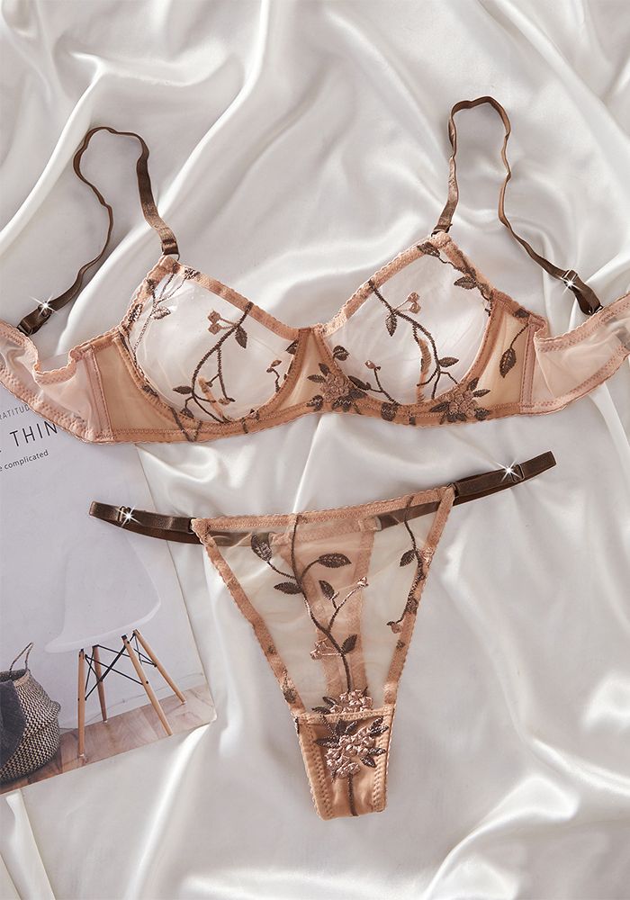 Ensemble de lingerie deux pièces en dentelle transparente avec broderie florale française pour femmes