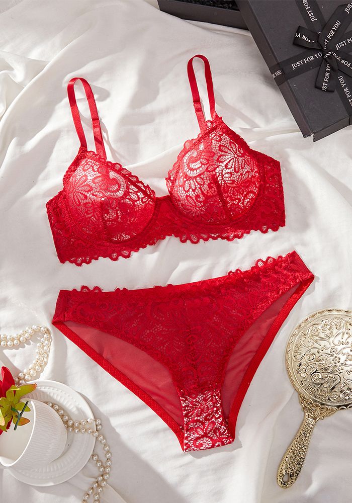 Ensemble de lingerie deux pièces en dentelle française imprimée pour femmes avec soutien-gorge triangle et culottes
