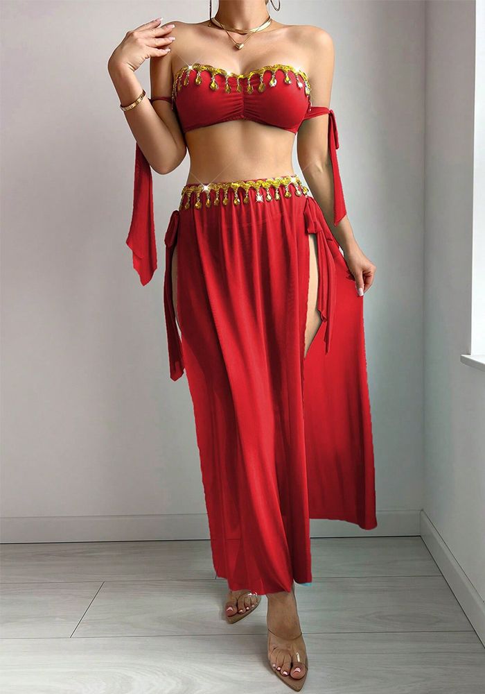 Ensemble de soutien-gorge à franges en maille dorée pour femmes avec jupe fendue haute