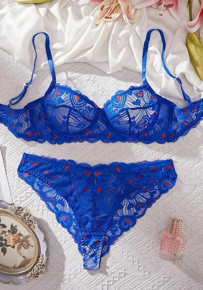 Ensemble de Lingerie Transparent en Dentelle à Imprimé Cœur