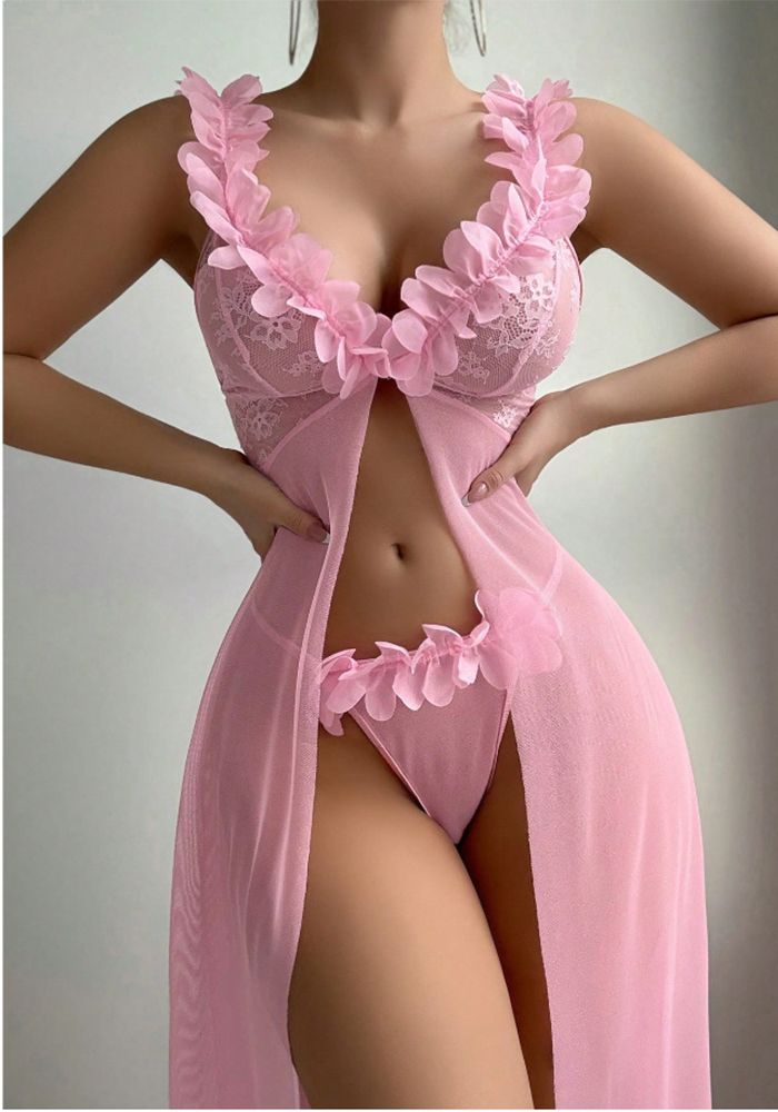 Ensemble de Lingerie Séduisante pour Femmes Robe Longue Fendue en Dentelle Florale Transparente à Décolleté Bas