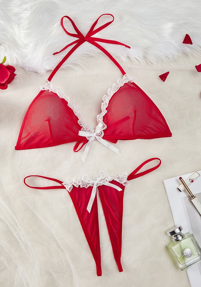 Ensemble de lingerie transparent en maille unie sexy pour femmes à Noël