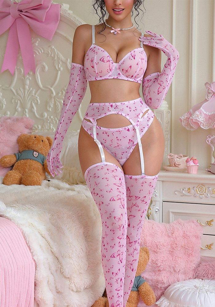 Ensemble de lingerie bikini rose transparent érotique avec gants et bas