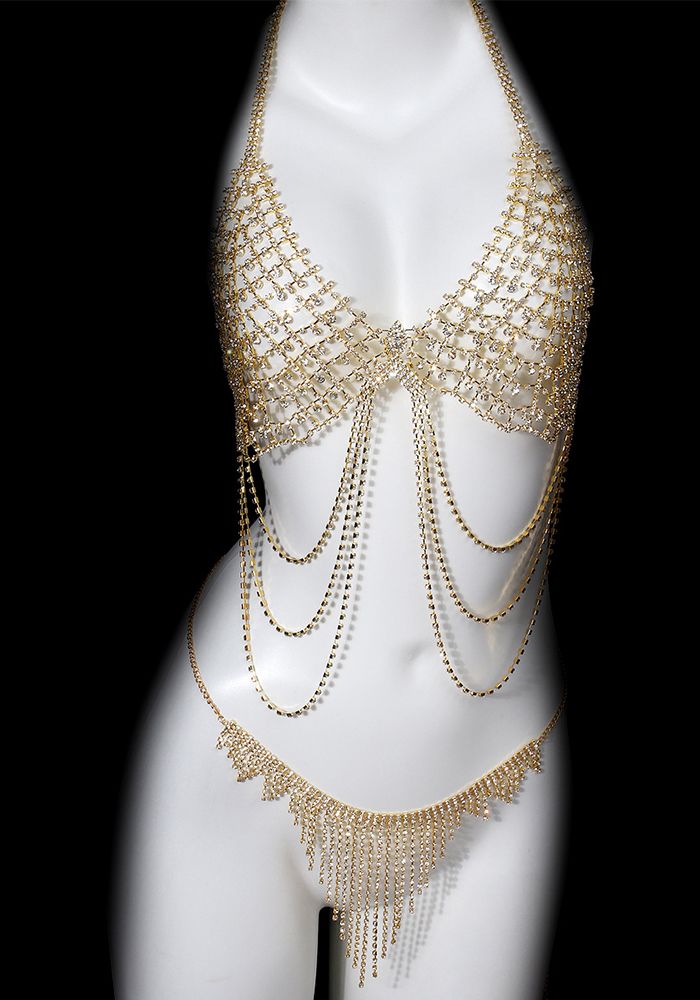 Accessoires de ceinture en chaîne de poitrine en deux pièces avec franges en diamant complet pour femmes