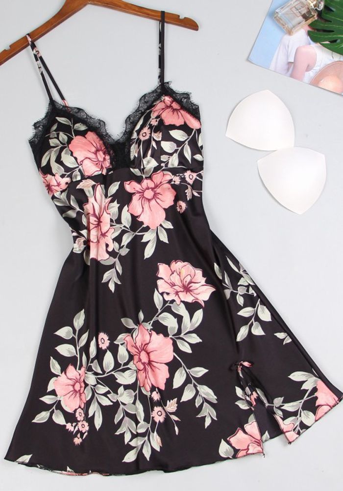 Femmes Été Noir Style Lolita Floral Satin Deux Pièces Pyjama