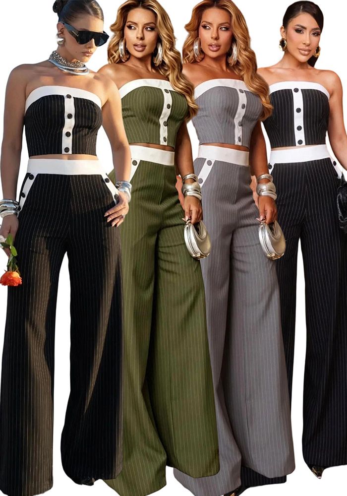 Ensemble de Pantalons Rayés Sans Bretelles pour Femmes d'Été Mode Sexy Deux Pièces