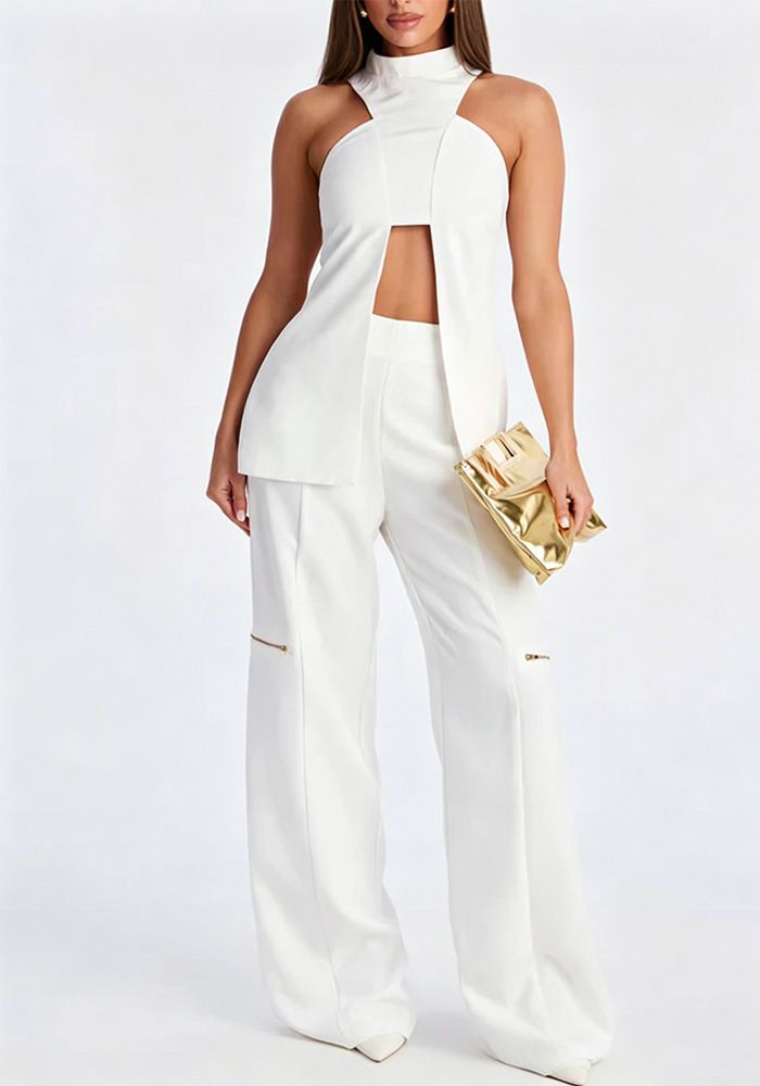 Ensemble Deux Pièces Femme Débardeur Sans Manches Blanc Uni Pantalons Large