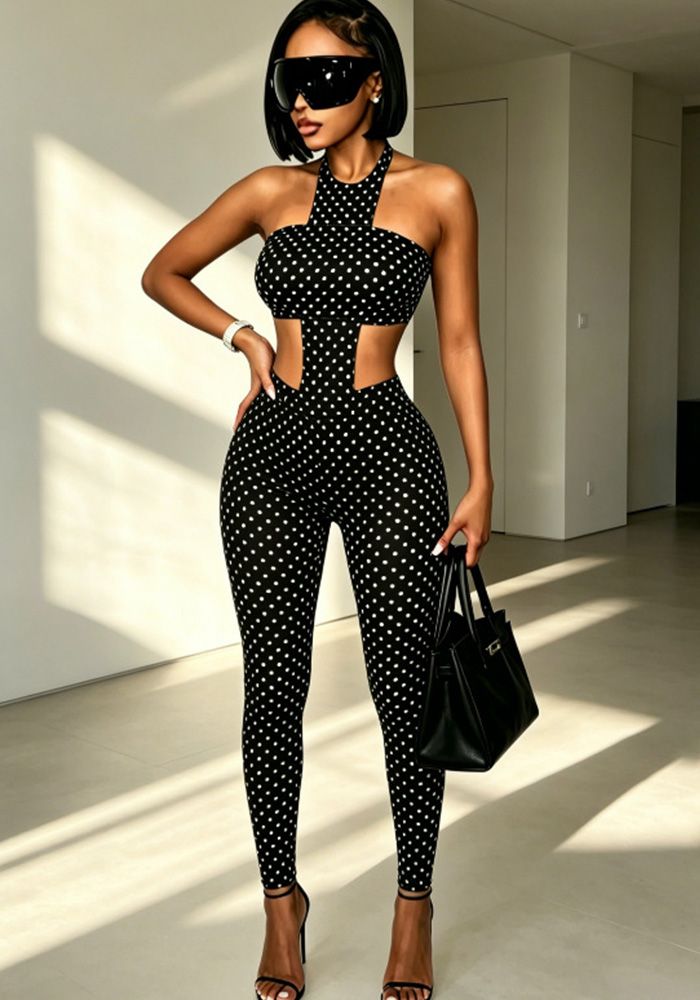 Ensemble Pantalon Slim à Col Halter à Pois pour Femmes
