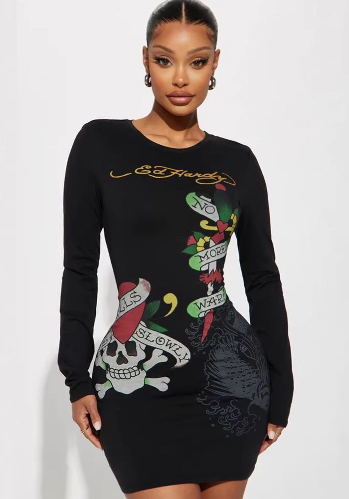 Robe Bodycon Femme Blanche à Fleurs Col Rond Taille Slim Manches Longues