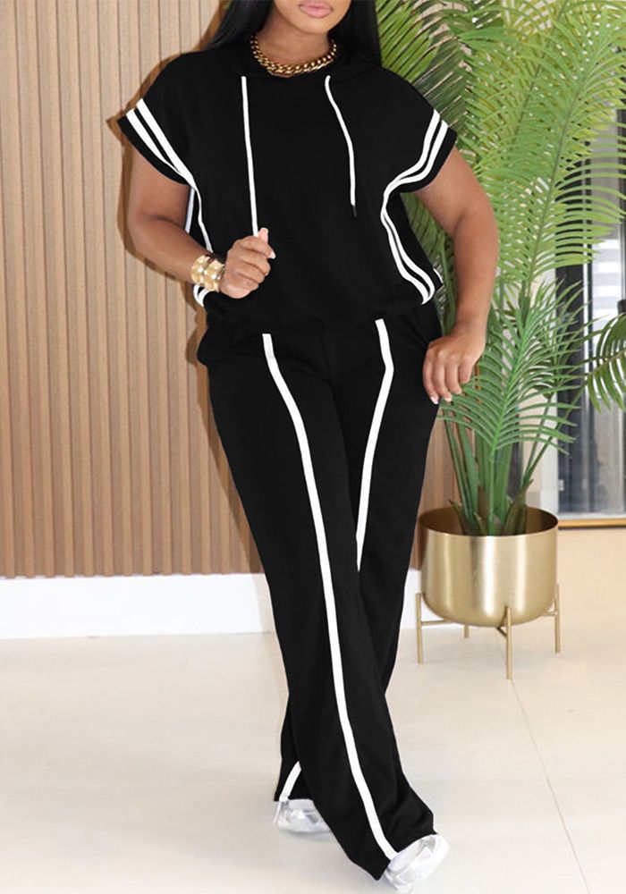 Ensemble Deux Pièces Femme T-Shirt à Capuche Sportif Décontracté Pantalons Amples Rayés