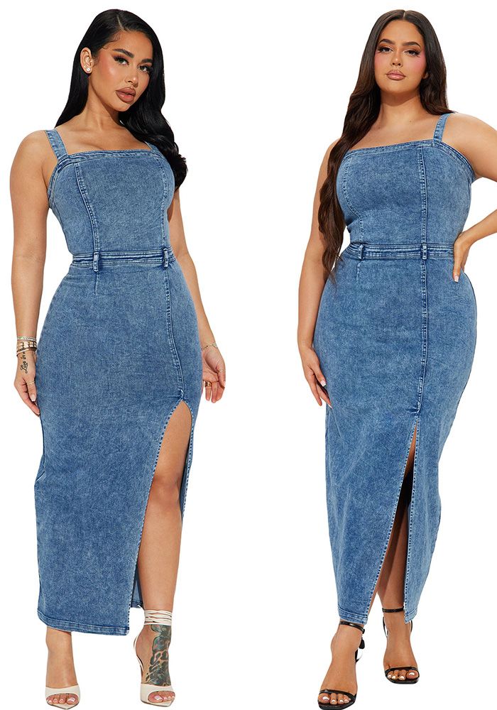 Robe en Jean Femme Sexy à Bretelles Sans Manches Dos Nu Taille Serrée