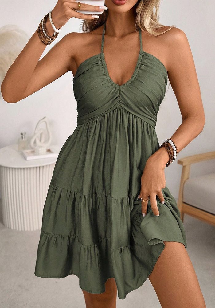 Robe Mini Femme à Dos Nu en Dentelle avec Col Halter