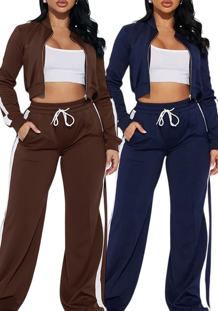 Ensemble Deux Pièces Femme Sportif Décontracté Veste Zippée à Manches Longues avec Rayures Latérales et Pantalons à Jambes Larges