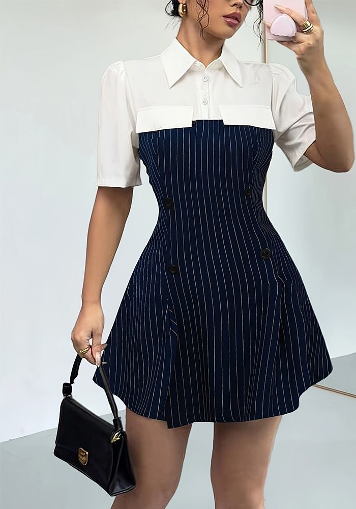 Robe Chemise A-Ligne à Manches Longues Femme Rayée Patchwork Taille Slim Printemps Été