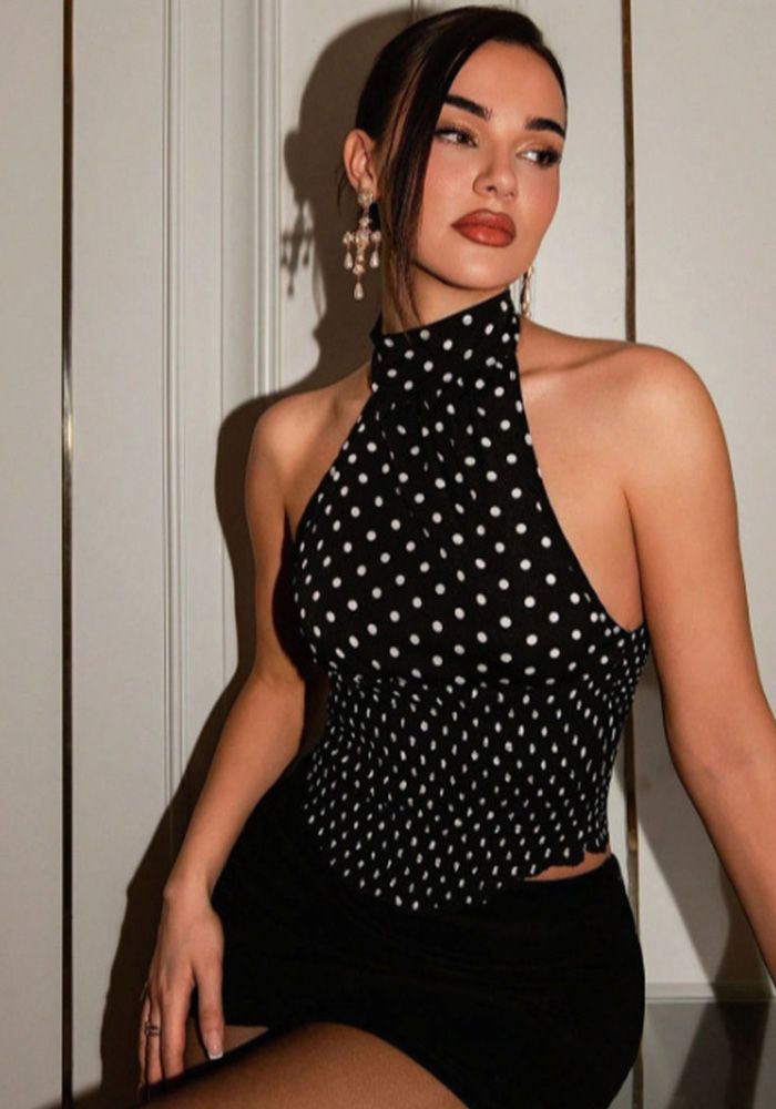 Top à bretelles à pois pour femmes avec dos nu et lacets