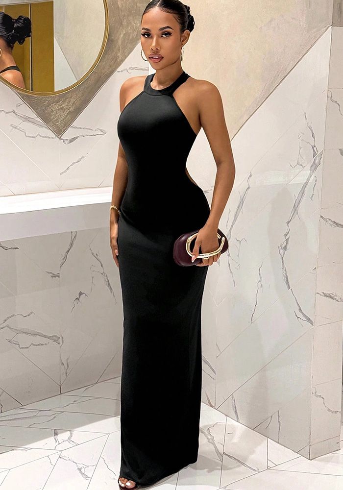 Robe Longue Bodycon à Col Halter Découpé pour Femmes