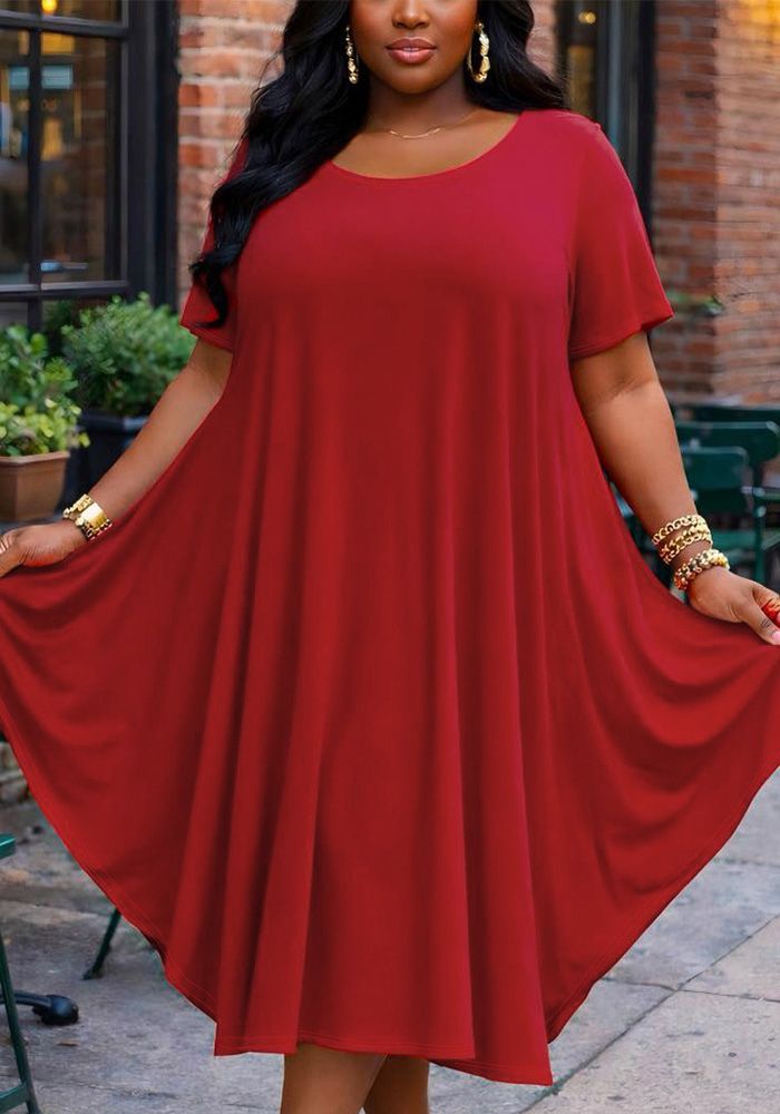 Robe Midi A-Line à Manches Courtes et Col Rond pour Femmes Grandes Tailles
