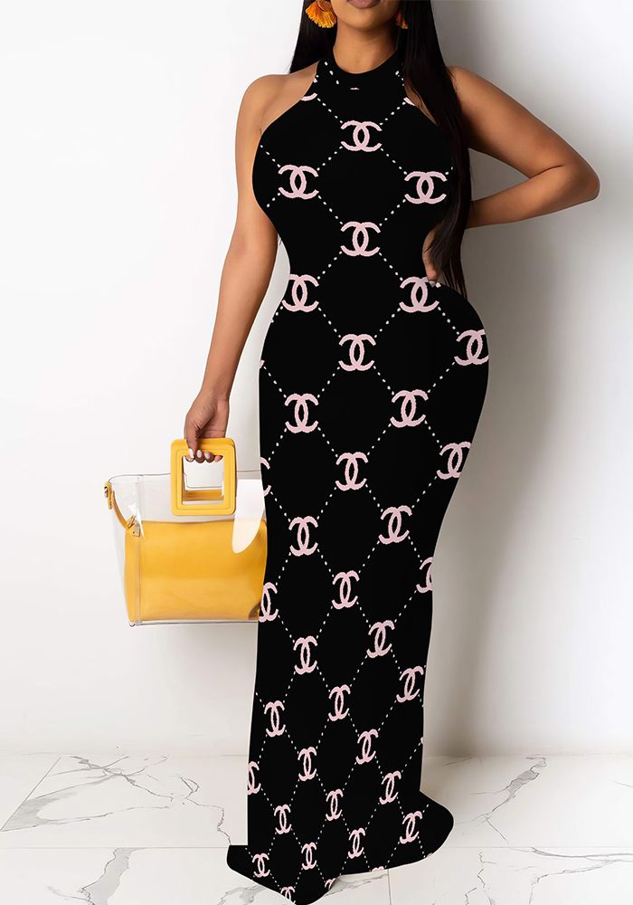 Robe Maxi Sans Manches à Col Rond Imprimée pour Femmes