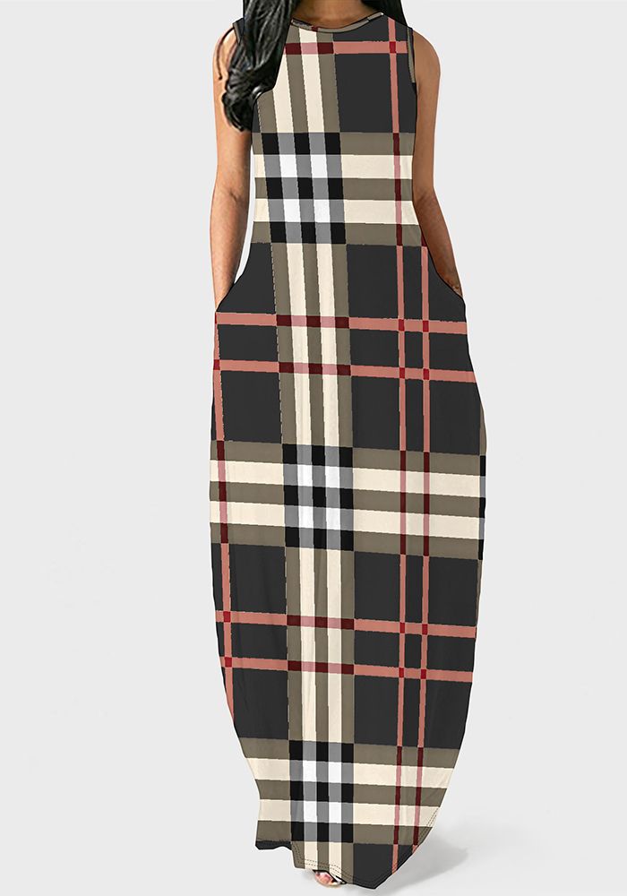 Robe Maxi Sans Manches Imprimée à Col Rond avec Poche pour Femmes