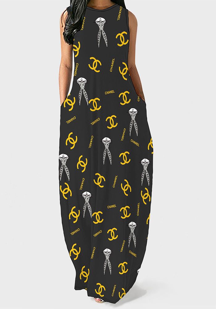 Robe Maxi Sans Manches Imprimée à Col Rond avec Poche pour Femmes