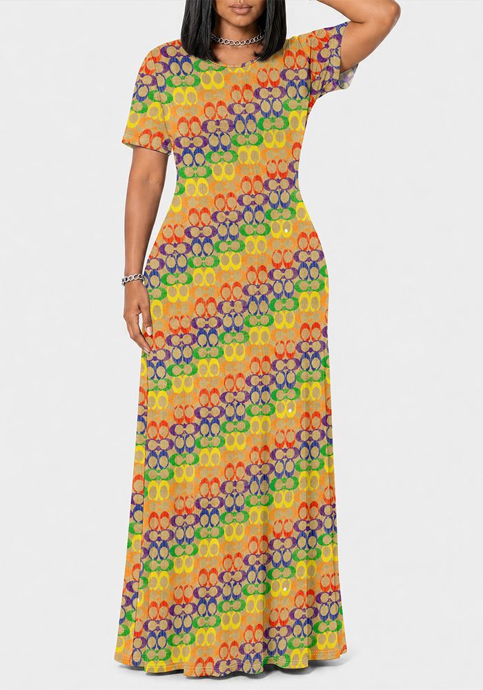 Robe Longue à Manches Courtes Imprimée pour Femme