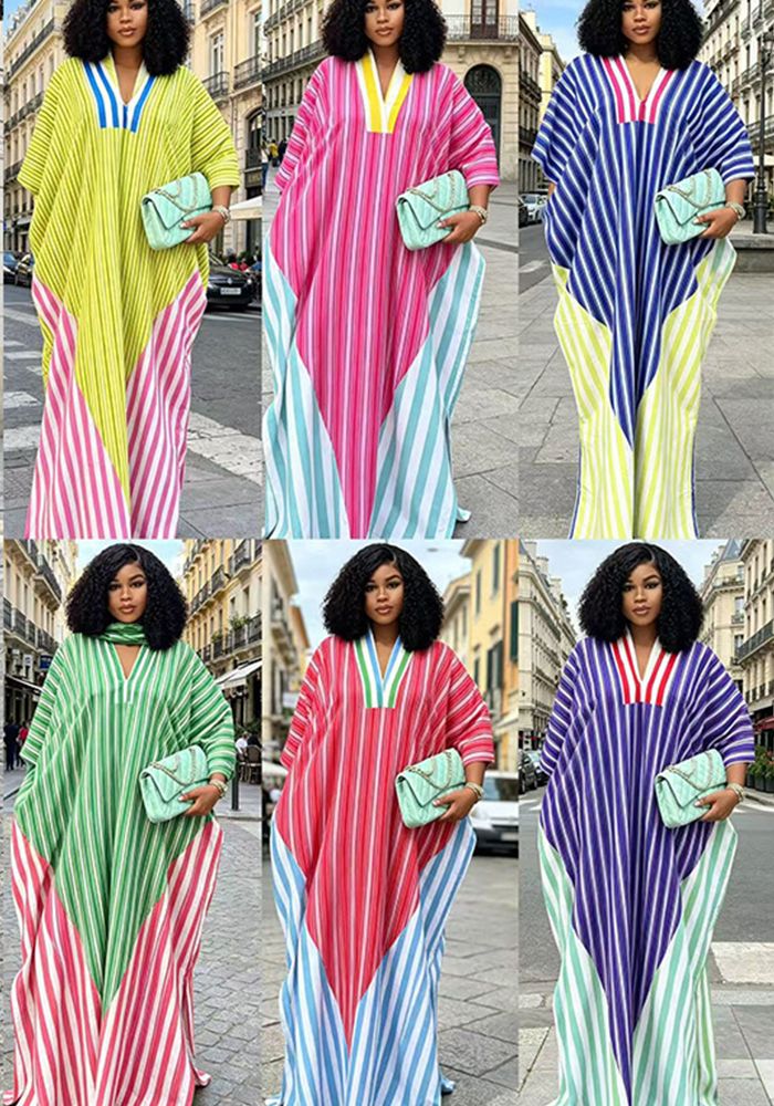 Robe Maxi Femme à Col V avec Patchwork de Rayures Inspirées de l'Afrique