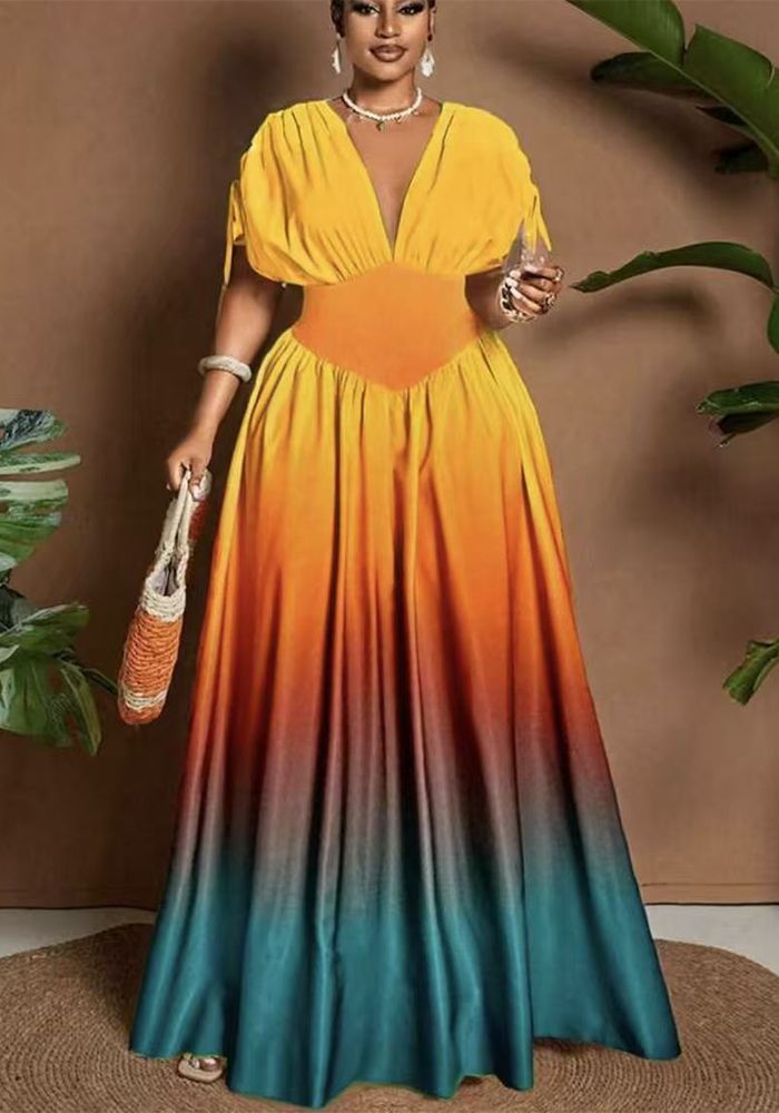Robe Maxi Imprimée Chic V-Neck Slim Taille Femme Été