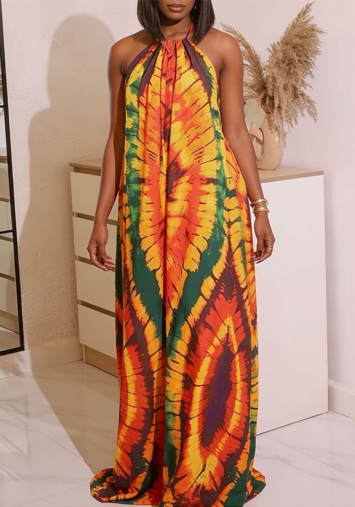Robe Loose à Manches Courtes à Dos Nu et Col Halter Imprimé Bohème pour Femmes
