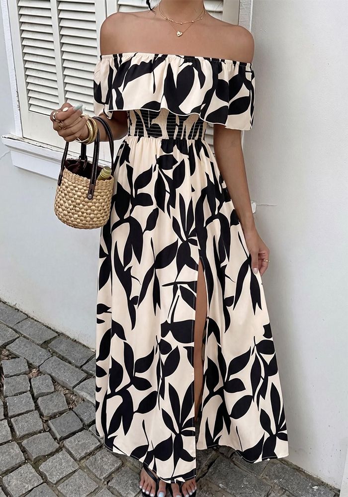 Robe d'été à volants imprimée pour femmes, décolleté bardot et fente