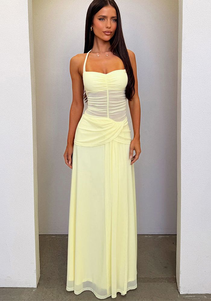Robe Maxi d'Été Jaune Transparent à Col Halter pour Femmes