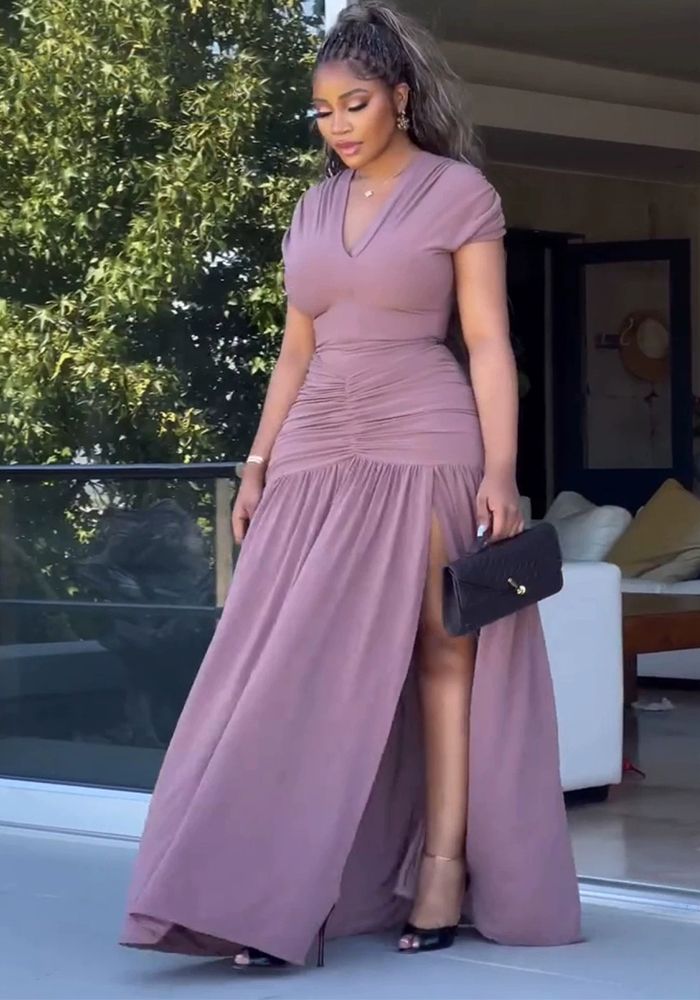 Robe Maxi Été Grande Taille Femme V-Cou Taille Slim Fente Latérale Élastique