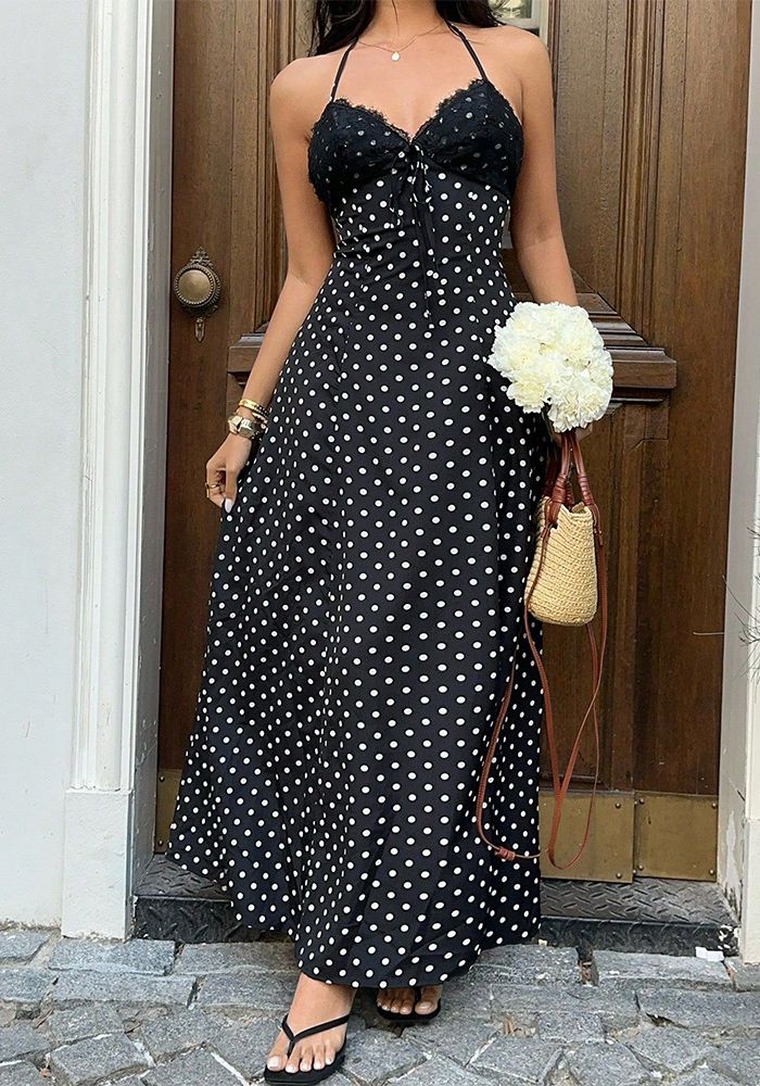 Robe à bretelles en dentelle noire à pois pour femmes printemps été avec dos nu et décolleté en V