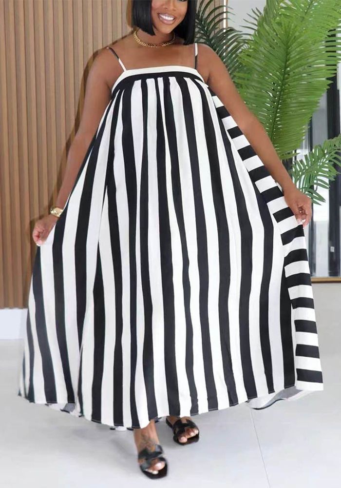 Robe Maxi Sans Manches à Imprimé Rayé pour Femmes d'Été